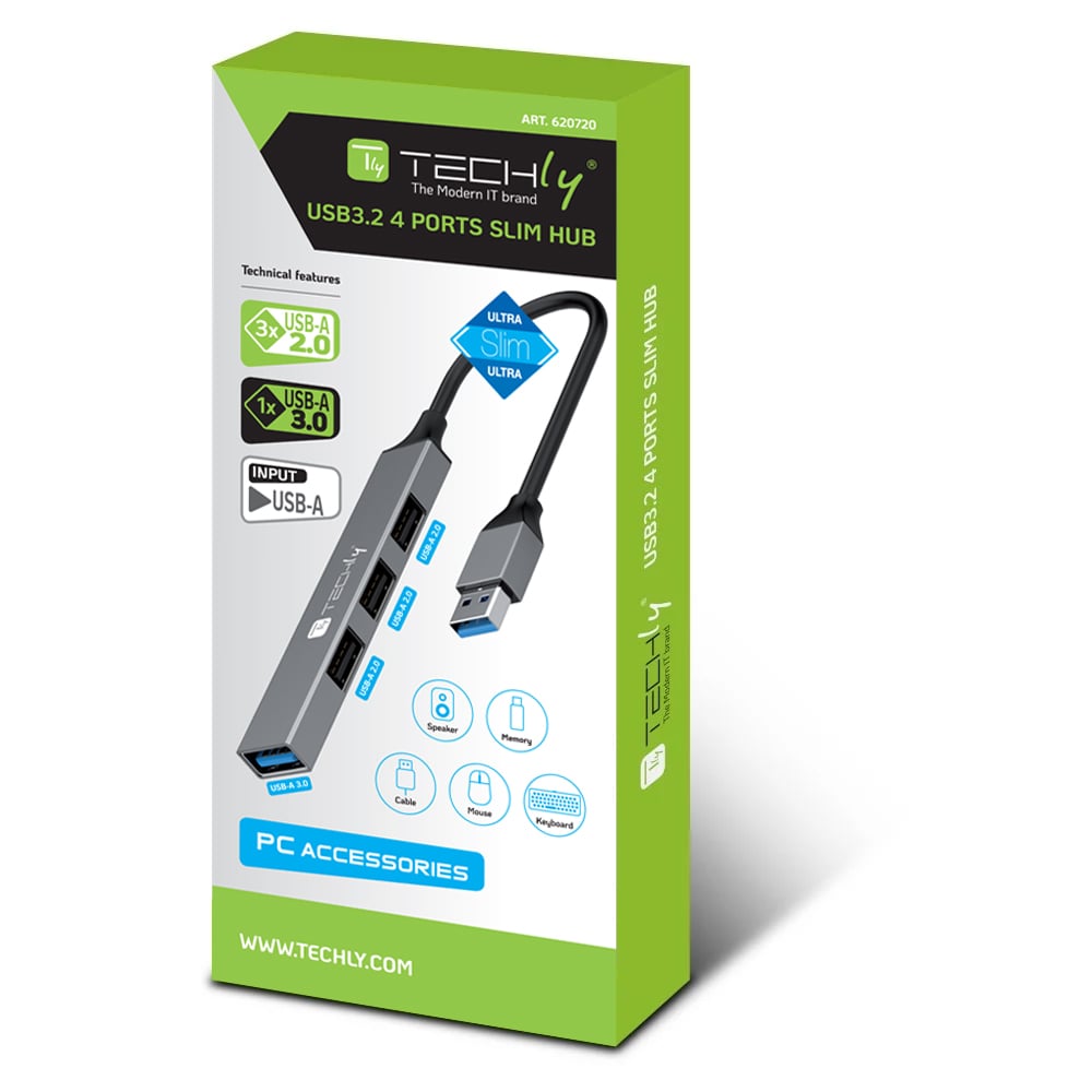 Hub USB-A 3.2 a 4 porte USB-A Slim in Metallo - Techly IUSB32-HUB4A-3U2SLS