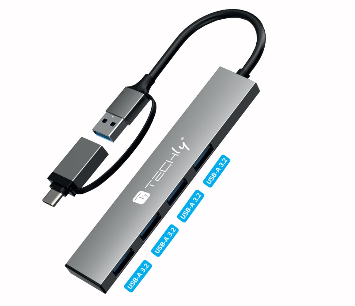 Hub USB-A USB-C™ 3.2 a 4 porte USB-A Slim in Metallo - Techly IUSB32-HUB4AC-4U3SL