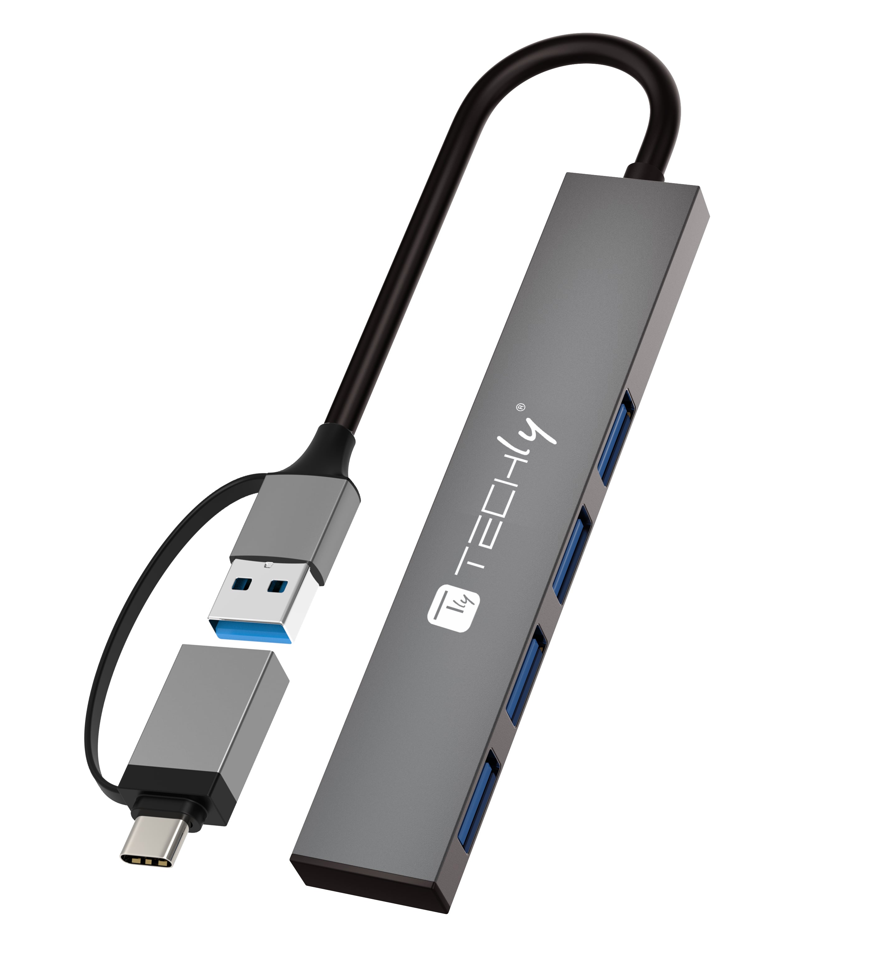 Hub USB-A USB-C™ 3.2 a 4 porte USB-A Slim in Metallo - Techly IUSB32-HUB4AC-4U3SL