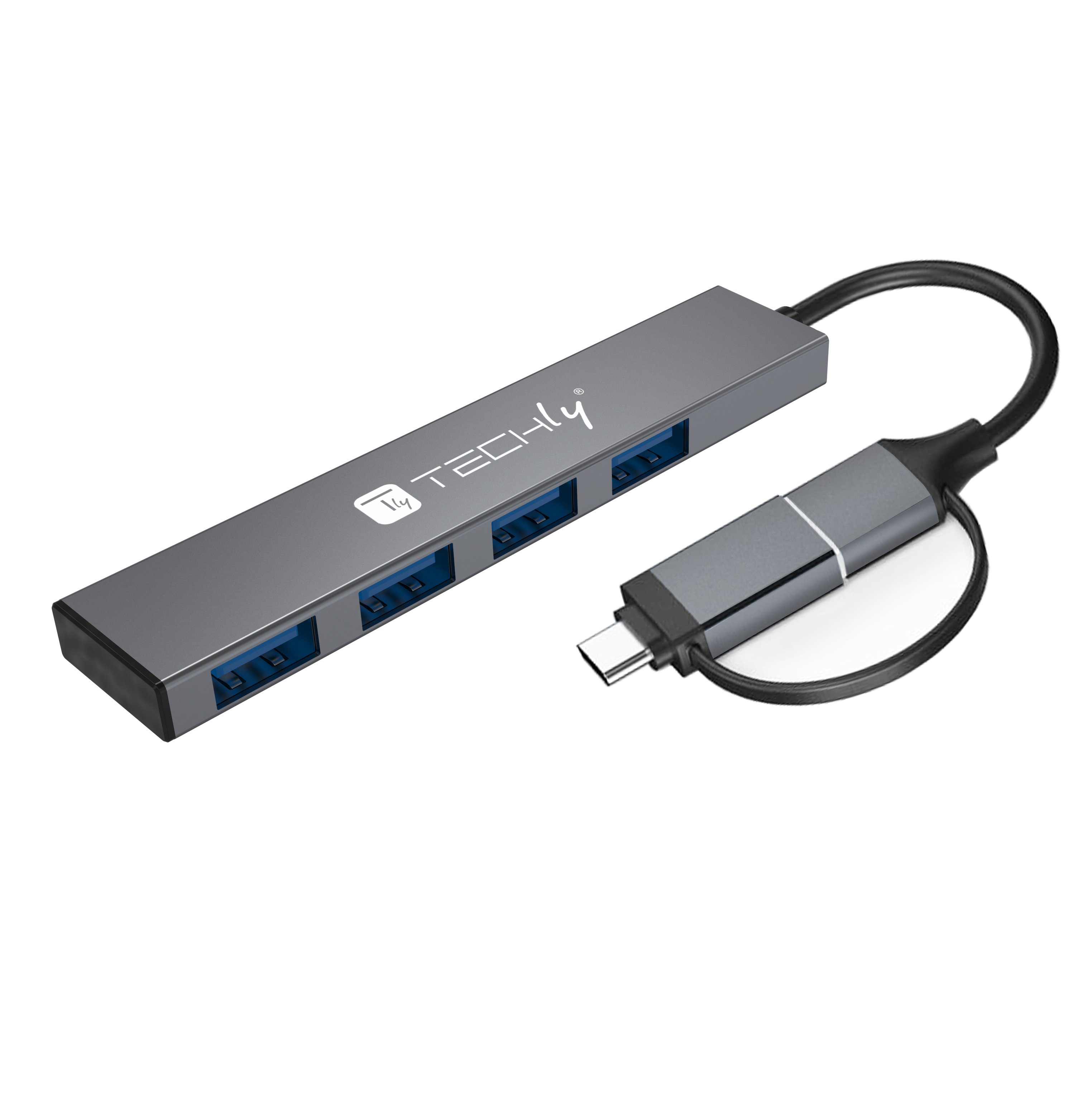 Hub USB-A USB-C™ 3.2 a 4 porte USB-A Slim in Metallo - Techly IUSB32-HUB4AC-4U3SL