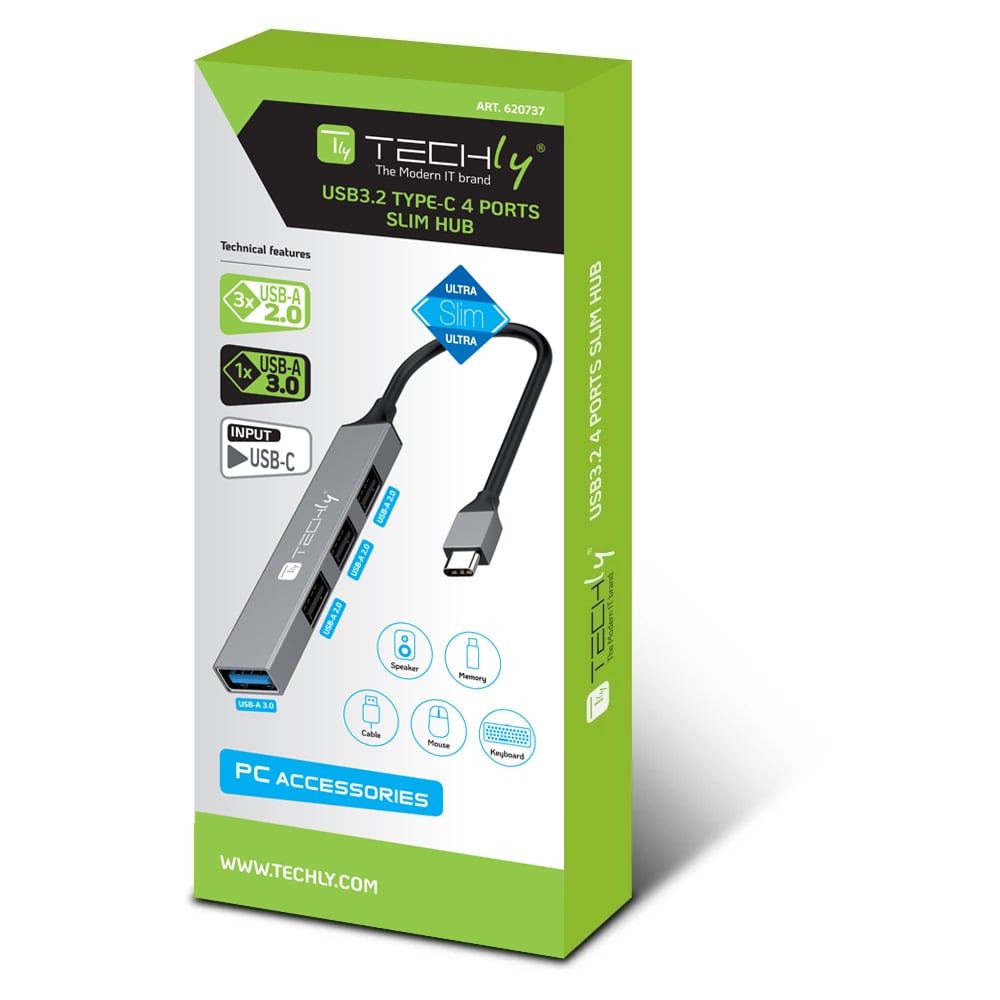 Hub USB-C™ 3.2 a 4 porte USB-A Slim in Metallo - Techly IUSB32-HUB4C-3U2SLS