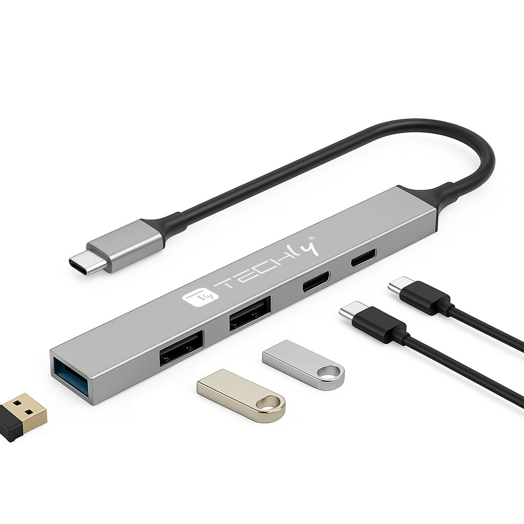 Hub USB 3.2 a 5 porte USB-A/USB-C™ Slim in Metallo - Techly IUSB32-HUB5C-3U2PDSL