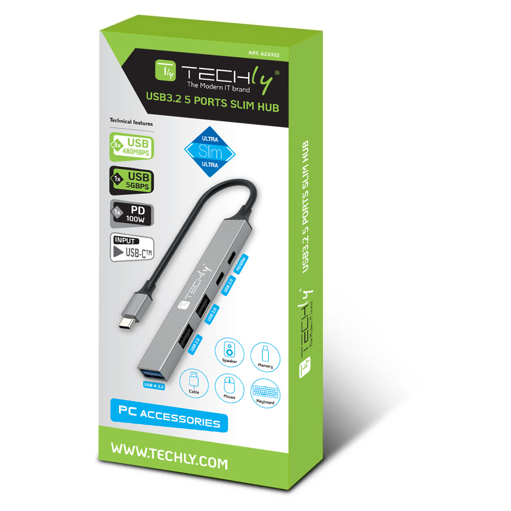 Hub USB 3.2 a 5 porte USB-A/USB-C™ Slim in Metallo - Techly IUSB32-HUB5C-3U2PDSL