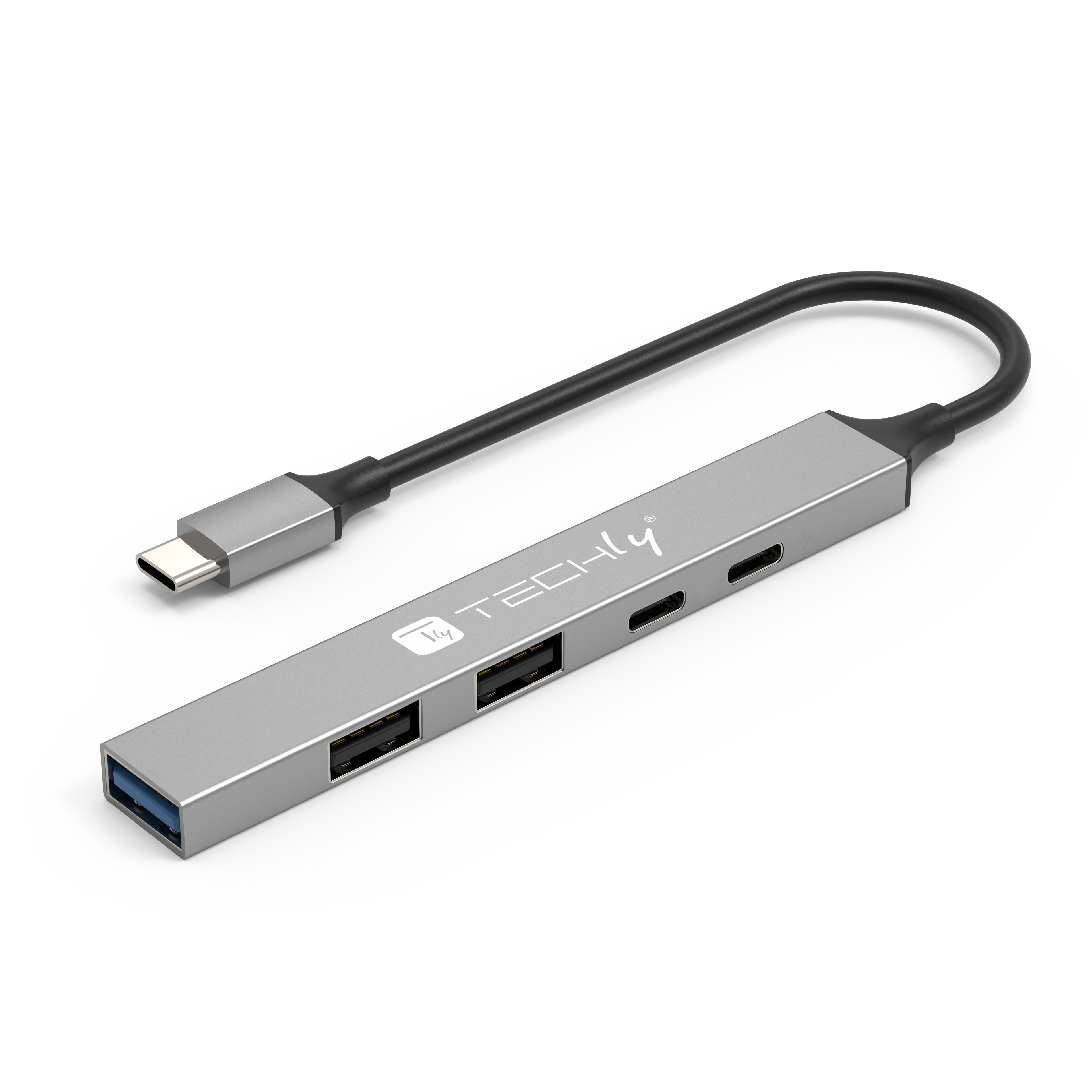 Hub USB 3.2 a 5 porte USB-A/USB-C™ Slim in Metallo - Techly IUSB32-HUB5C-3U2PDSL