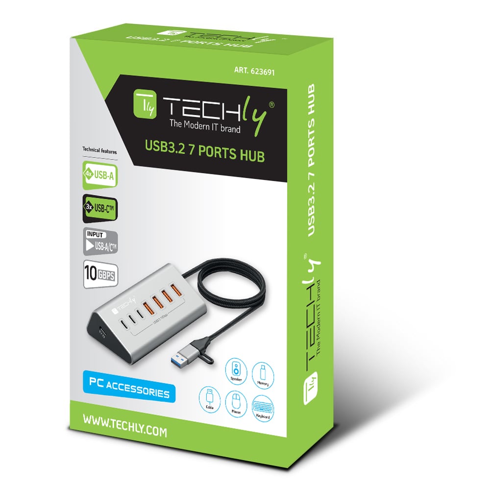Hub USB 3.2 Gen2 a 4 porte USB-A, 3p USB-C™ in Metallo - Techly IUSB32-HUB7-4A3C