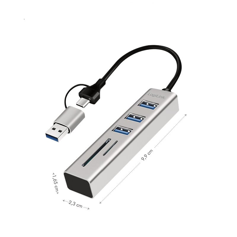 Hub USB 3.2 3 porte USB-A, 2 SD/microSD Alluminio Silver - Logilink IUSB32AC-HUB-3ACR