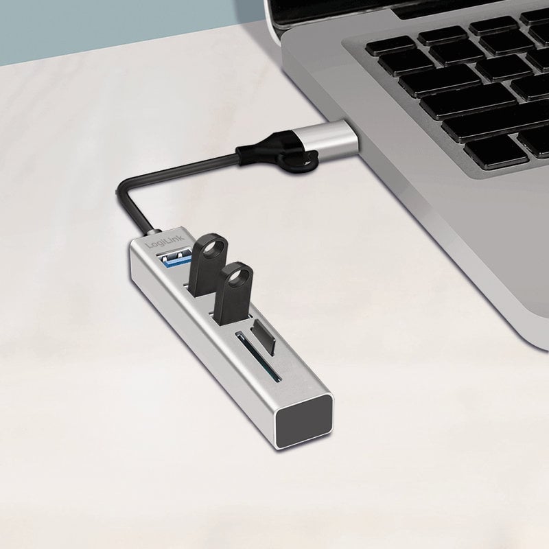 Hub USB 3.2 3 porte USB-A, 2 SD/microSD Alluminio Silver - Logilink IUSB32AC-HUB-3ACR