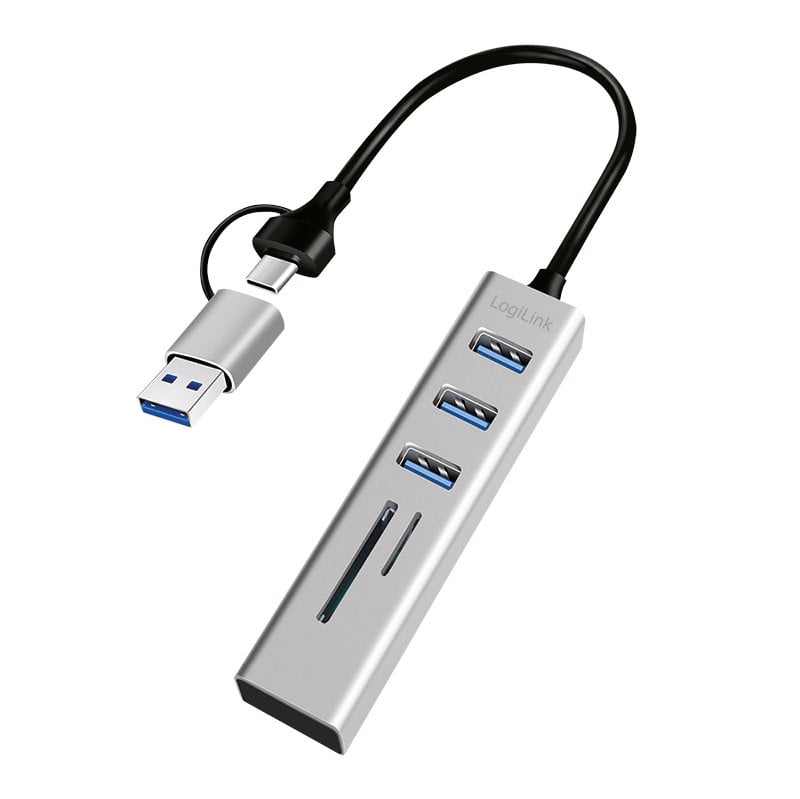 Hub USB 3.2 3 porte USB-A, 2 SD/microSD Alluminio Silver - Logilink IUSB32AC-HUB-3ACR
