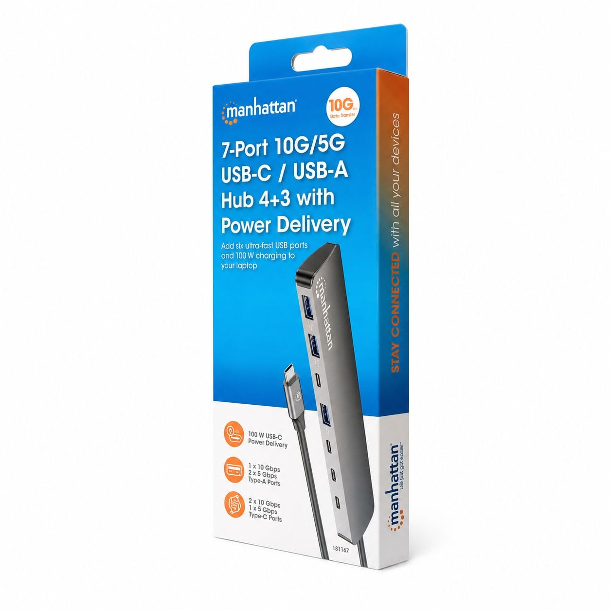 Hub 7 porte USB3.2 10G/5G 4x USB-C™ + 3x USB-A con Power Delivery - Manhattan IUSB32C-HUB3A3CPD