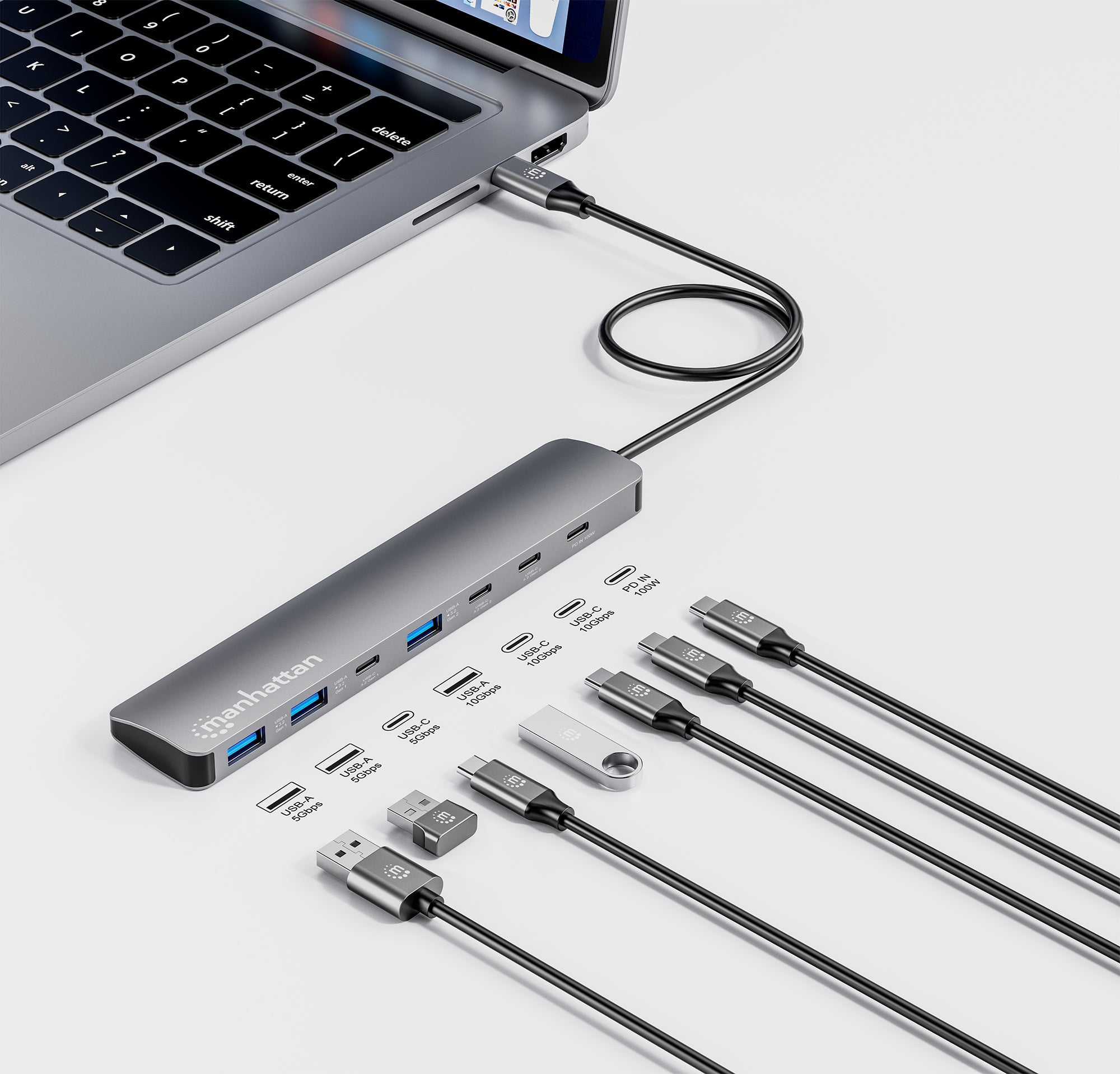 Hub 7 porte USB3.2 10G/5G 4x USB-C™ + 3x USB-A con Power Delivery - Manhattan IUSB32C-HUB3A3CPD