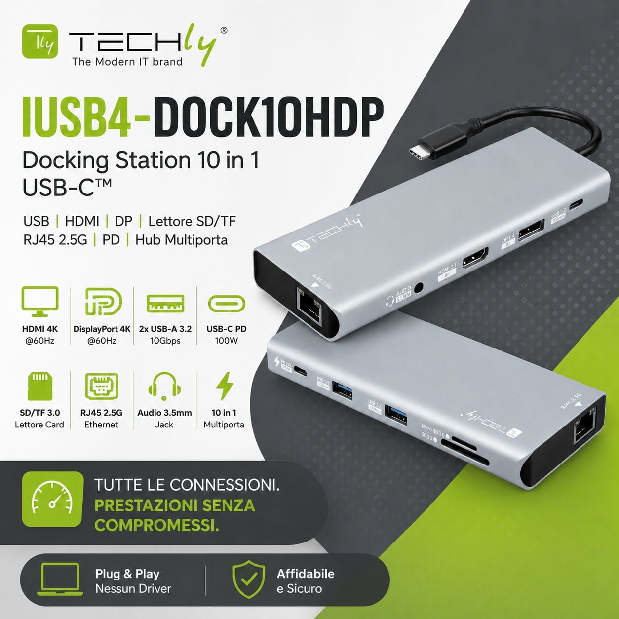 Docking Station 10 in 1 USB-C HDMI DP RJ 45 2.5 G PD Hub Multiport - Techly IUSB 4 -DOCK 10 HDP