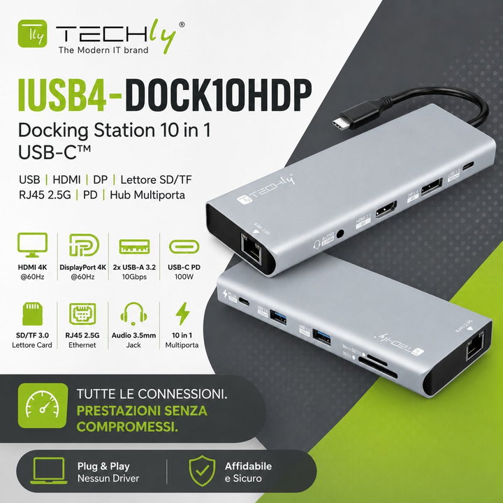 Docking Station 10 in 1 USB-C HDMI DP RJ 45 2.5 G PD Hub Multiport - Techly IUSB 4 -DOCK 10 HDP