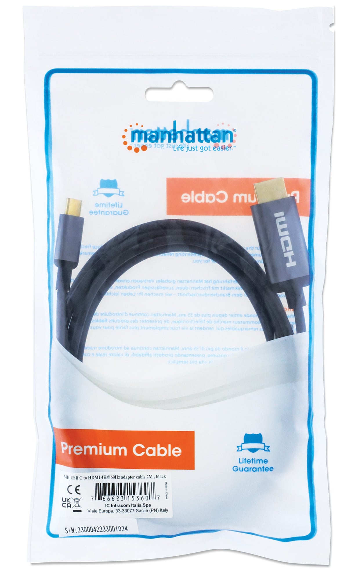 Cable Adapter from USB-C to HDMI 4 K@ 60 Hz 2 m - Manhattan IUSBC-HDMI- 4 - 020