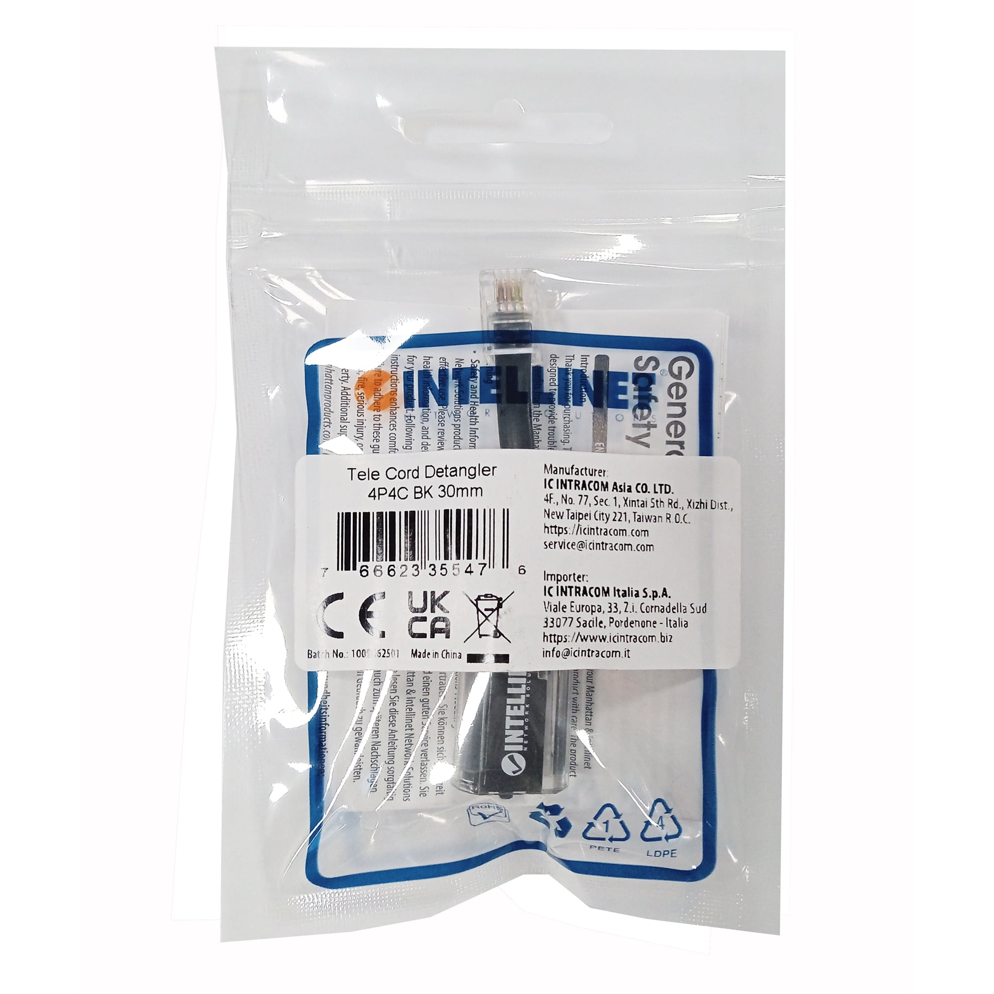 Plug Telefonico RJ10 Antiattorcigliamento per Cornetta Cavo 30mm - Intellinet IWP-4P4C-ATCABI