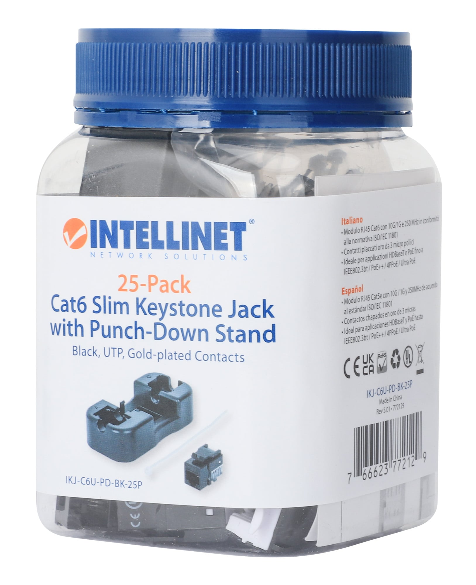 Frutto Keystone Slim Cat6 per Cavo Rigido con Supporto Punch-Down 25 pz Nero - Intellinet IWP-JAR-C6BK