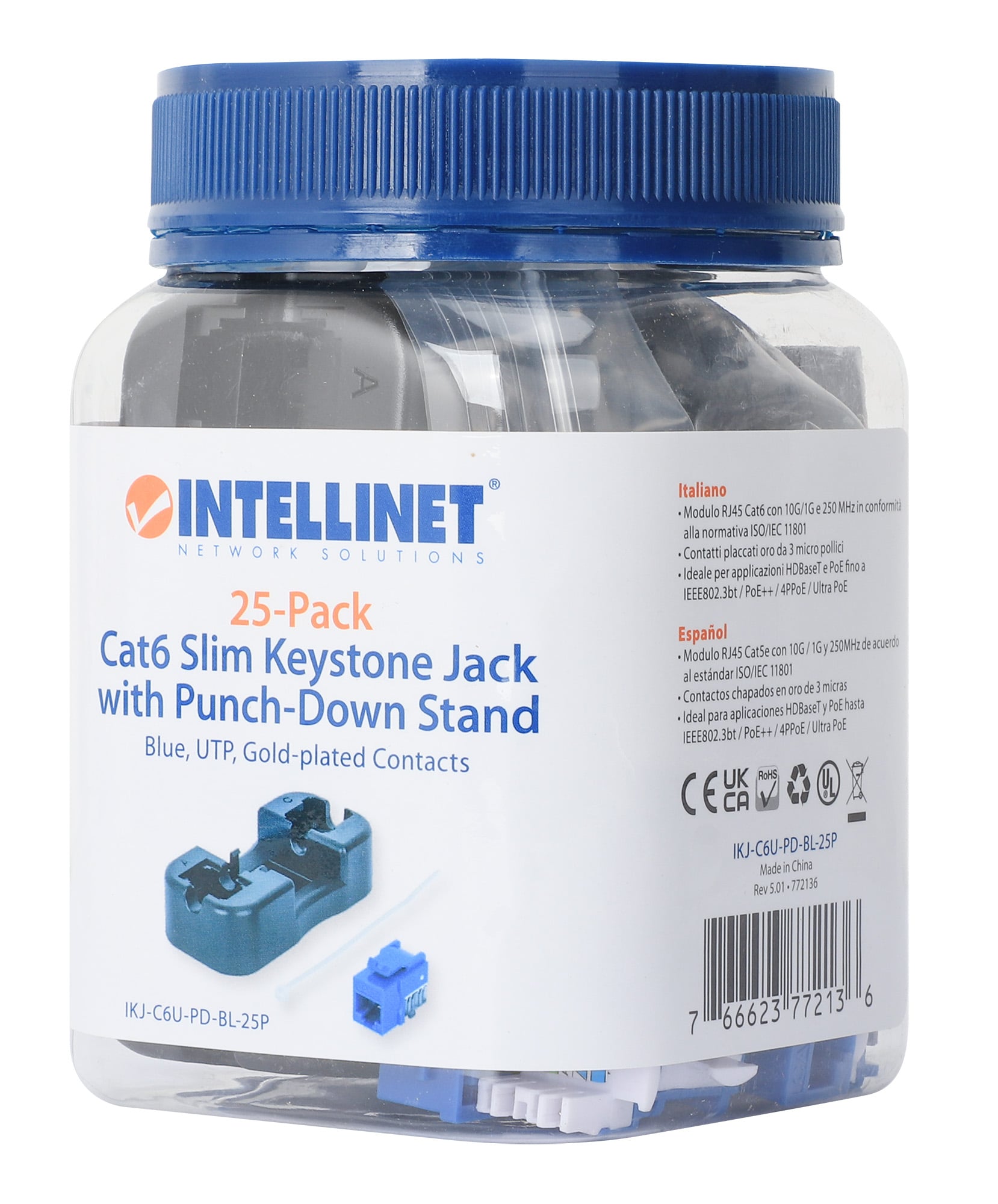 Frutto Keystone Slim Cat6 per Cavo Rigido con Supporto Punch-Down 25 pz Blu - Intellinet IWP-JAR-C6BL
