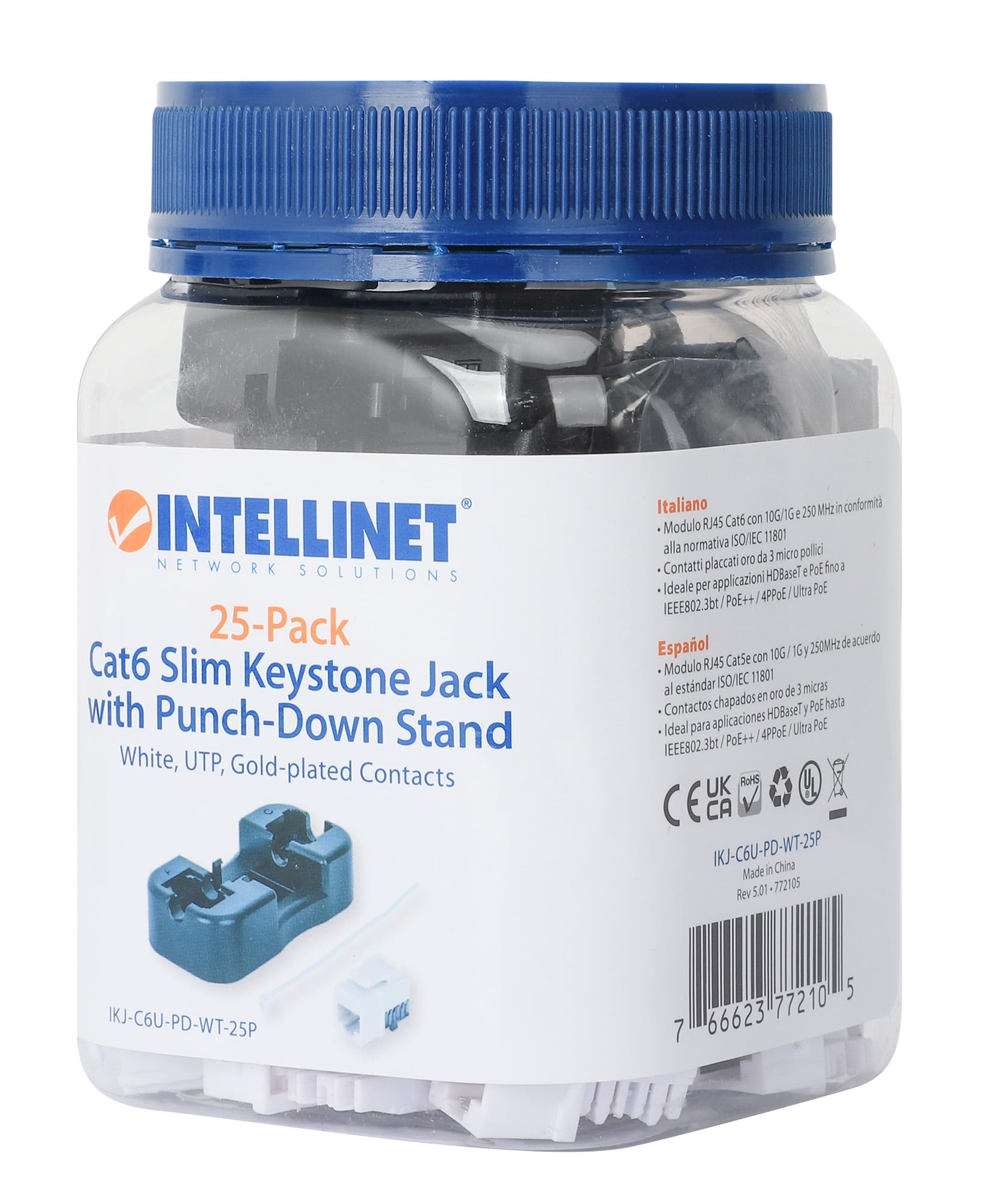 Frutto Keystone Slim Cat6 per Cavo Rigido con Supporto Punch-Down 25 pz Bianco - Intellinet IWP-JAR-C6WH